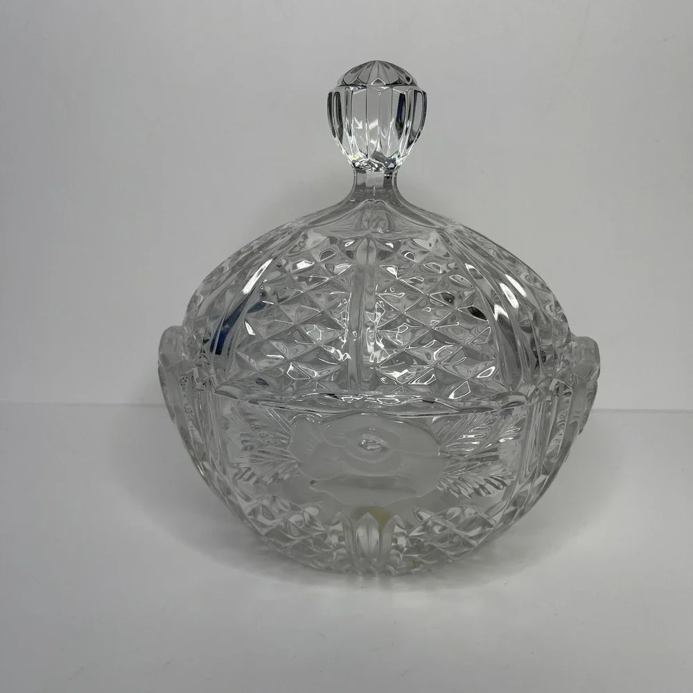 24% Crystal‎ Vintage Oval Candy Dish w/ Lid Glass Etched West Germany Floral